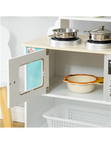 HOMCOM Kids Kitchen Play Cooking Toy Set, Educational Pretend Role Playset Game, Multiple Storage, Cooking Bench, Pots, Storage 