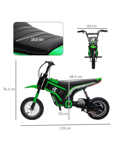 HOMCOM 24V Electric Motorbike, Dirt Bike with Twist Grip Throttle, Music Horn, 12" Pneumatic Tyres, 16 Km/h Max. Speed, Green 37