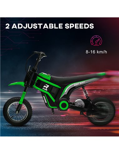 HOMCOM 24V Electric Motorbike, Dirt Bike with Twist Grip Throttle, Music Horn, 12" Pneumatic Tyres, 16 Km/h Max. Speed, Green 37
