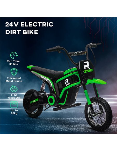 HOMCOM 24V Electric Motorbike, Dirt Bike with Twist Grip Throttle, Music Horn, 12" Pneumatic Tyres, 16 Km/h Max. Speed, Green 37 - pic 56875 | FastDaddyshop