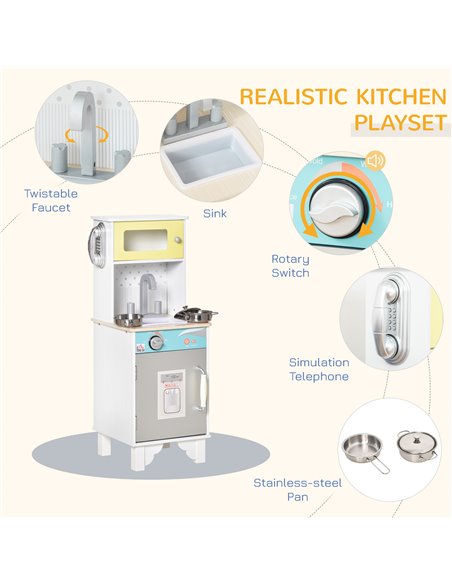 HOMCOM Kids Kitchen Play Cooking Toy Set, Children Educational Pretend Role Playset, Multiple Storage, with Sink, Telephone, Pot - pic 5688 | FastDaddyshop