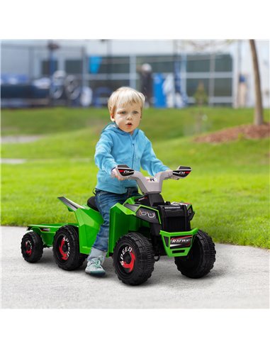 HOMCOM 6V Quad Bike with Back Trailer, Wear-Resistant Wheels, for Ages 18-36 Months, Green 370-277V70GN