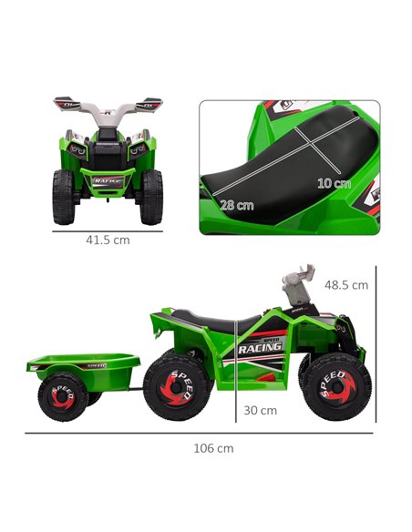 HOMCOM 6V Quad Bike with Back Trailer, Wear-Resistant Wheels, for Ages 18-36 Months, Green 370-277V70GN - pic 56890 | FastDaddyshop