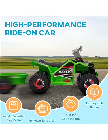 HOMCOM 6V Quad Bike with Back Trailer, Wear-Resistant Wheels, for Ages 18-36 Months, Green 370-277V70GN