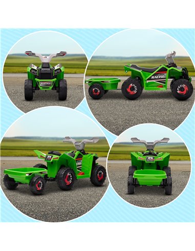 HOMCOM 6V Quad Bike with Back Trailer, Wear-Resistant Wheels, for Ages 18-36 Months, Green 370-277V70GN