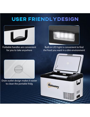 Outsunny Portable Car Fridge Freezer, 25L, 12V, with LED Light, Foldable Handles, Compressor Cooling for Camping, RV, Travel, Gr