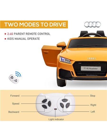HOMCOM Kids Licensed Audi TT RS Ride-On Car 12V Battery w/ Remote Suspension Headlights and MP3 Player 3km/h Yellow 370-079V70YL - pic 56919 | FastDaddyshop