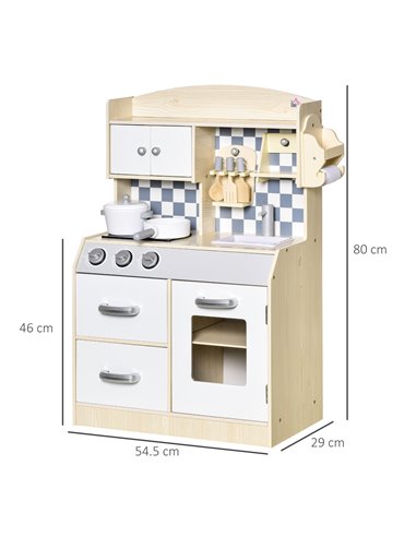 HOMCOM Kids Kitchen Play Cooking Toy Set, Educational Pretend Role Playset Game Multiple Storage, with Sink, Cooking Bench, Pots