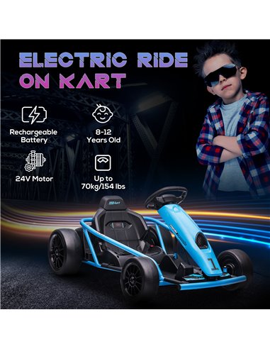 HOMCOM 24V Electric Go Kart for Kids, Drift Ride-On Racing Go Kart with 2 Speeds, for Boys Girls Aged 8-12 Years Old, Blue 370-3