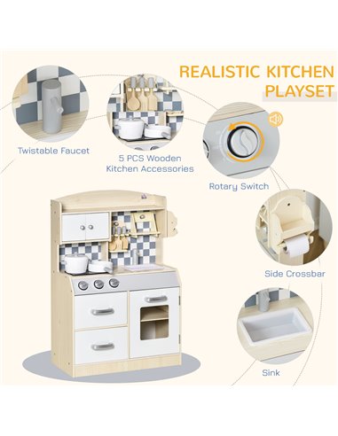 HOMCOM Kids Kitchen Play Cooking Toy Set, Educational Pretend Role Playset Game Multiple Storage, with Sink, Cooking Bench, Pots