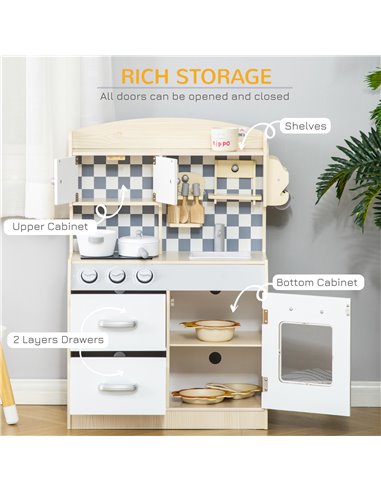 HOMCOM Kids Kitchen Play Cooking Toy Set, Educational Pretend Role Playset Game Multiple Storage, with Sink, Cooking Bench, Pots