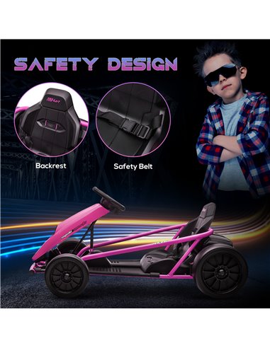 HOMCOM 24V Electric Go Kart for Kids, Drift Ride-On Racing Go Kart with 2 Speeds, for Boys Girls Aged 8-12 Years Old, Pink 370-3