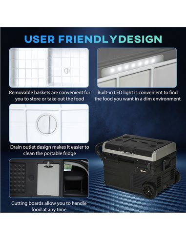 Outsunny 40L Car Refrigerator, Portable Compressor Cooler Box, Fridge Freezer w/ Inner LED Light & Foldable Handles, 12/24V DC a