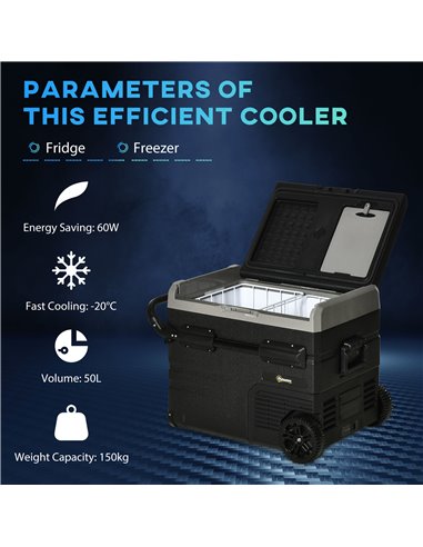 Outsunny 50L Car Refrigerator, Portable Compressor Cooler Box, Fridge Freezer w/ Inner LED Light & Foldable Handles, 12/24V DC a