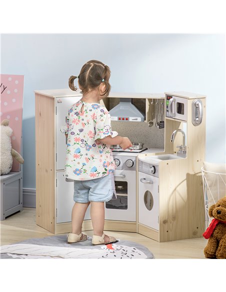 HOMCOM Toy Kitchen for Kids with Role Play Accessories, Wooden Corner Pretend Kitchen with Sound and Light, Phone, Microwave, Re - pic 5701 | FastDaddyshop