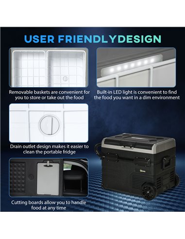 Outsunny 50L Car Refrigerator, Portable Compressor Cooler Box, Fridge Freezer w/ Inner LED Light & Foldable Handles, 12/24V DC a
