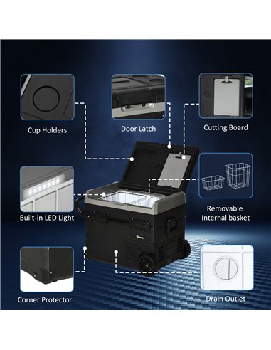 Outsunny 50L Car Refrigerator, Portable Compressor Cooler Box, Fridge Freezer w/ Inner LED Light & Foldable Handles, 12/24V DC a