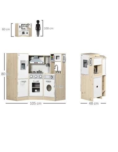 HOMCOM Toy Kitchen for Kids with Role Play Accessories, Wooden Corner Pretend Kitchen with Sound and Light, Phone, Microwave, Re