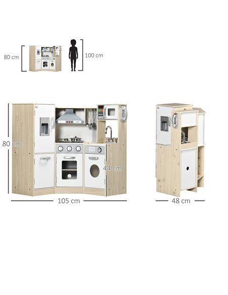 HOMCOM Toy Kitchen for Kids with Role Play Accessories, Wooden Corner Pretend Kitchen with Sound and Light, Phone, Microwave, Re - pic 5702 | FastDaddyshop