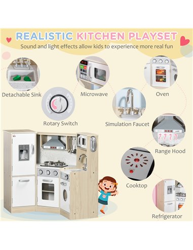HOMCOM Toy Kitchen for Kids with Role Play Accessories, Wooden Corner Pretend Kitchen with Sound and Light, Phone, Microwave, Re