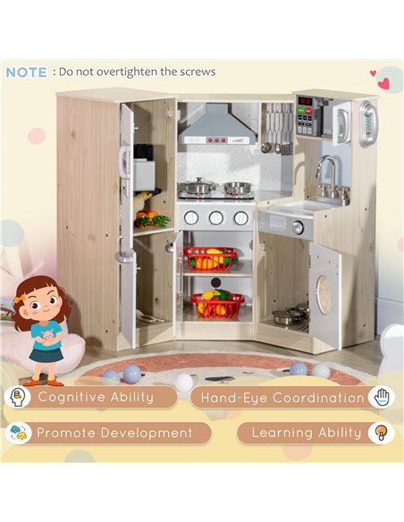 HOMCOM Toy Kitchen for Kids with Role Play Accessories, Wooden Corner Pretend Kitchen with Sound and Light, Phone, Microwave, Re - pic 5704 | FastDaddyshop