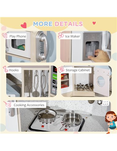 HOMCOM Toy Kitchen for Kids with Role Play Accessories, Wooden Corner Pretend Kitchen with Sound and Light, Phone, Microwave, Re