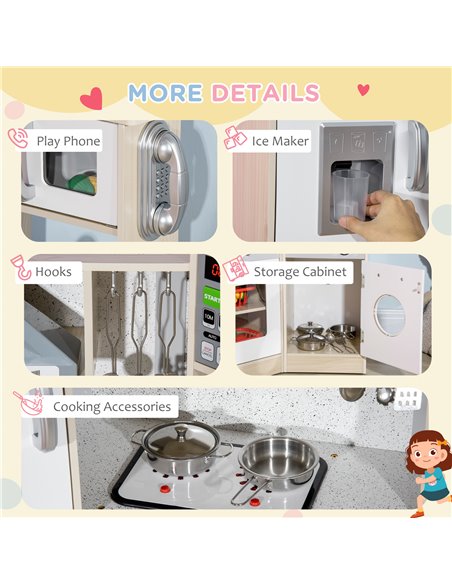 HOMCOM Toy Kitchen for Kids with Role Play Accessories, Wooden Corner Pretend Kitchen with Sound and Light, Phone, Microwave, Re - pic 5705 | FastDaddyshop