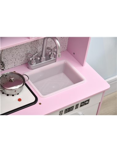 HOMCOM Wooden Play Kitchen with Lights and Sound, Kids Kitchen Playset with Coffee Maker Microwave Sink Utensils Storage Bins, P