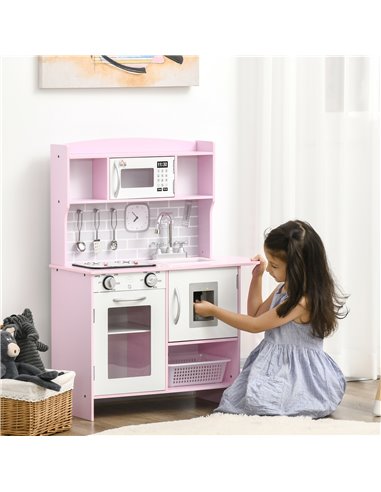 HOMCOM Wooden Play Kitchen with Lights Sounds, Kids Kitchen Playset with Water Dispenser, Microwave, Utensils, Sink, Gift for 3-