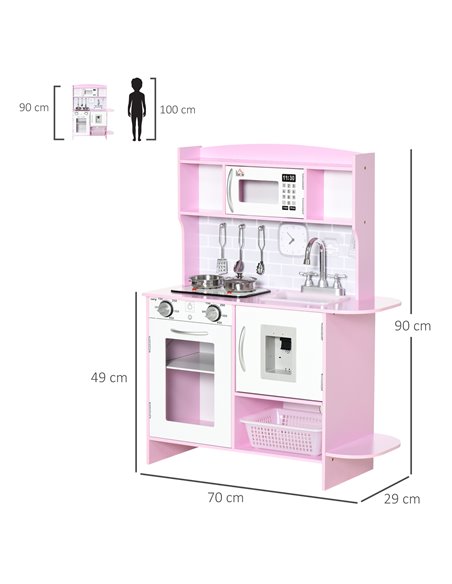 HOMCOM Wooden Play Kitchen with Lights Sounds, Kids Kitchen Playset with Water Dispenser, Microwave, Utensils, Sink, Gift for 3- - pic 5714 | FastDaddyshop