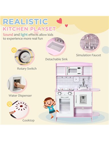 HOMCOM Wooden Play Kitchen with Lights Sounds, Kids Kitchen Playset with Water Dispenser, Microwave, Utensils, Sink, Gift for 3-