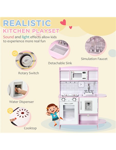 HOMCOM Wooden Play Kitchen with Lights Sounds, Kids Kitchen Playset with Water Dispenser, Microwave, Utensils, Sink, Gift for 3- - pic 5715 | FastDaddyshop