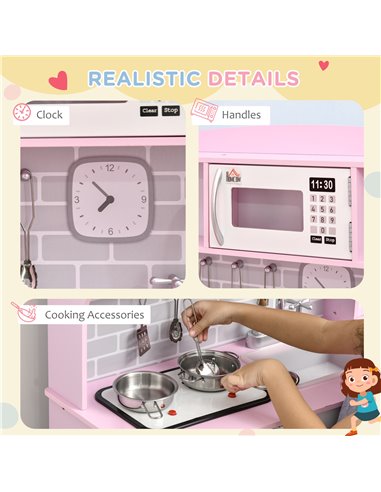 HOMCOM Wooden Play Kitchen with Lights Sounds, Kids Kitchen Playset with Water Dispenser, Microwave, Utensils, Sink, Gift for 3-