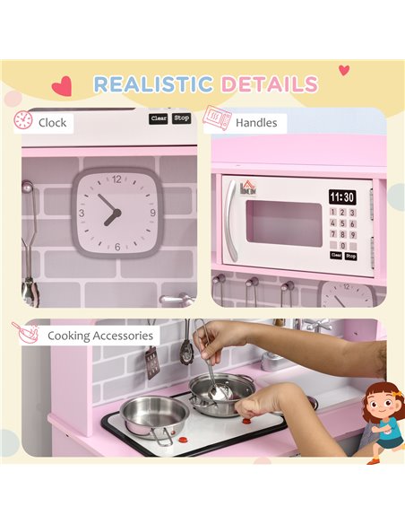 HOMCOM Wooden Play Kitchen with Lights Sounds, Kids Kitchen Playset with Water Dispenser, Microwave, Utensils, Sink, Gift for 3- - pic 5716 | FastDaddyshop
