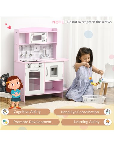 HOMCOM Wooden Play Kitchen with Lights Sounds, Kids Kitchen Playset with Water Dispenser, Microwave, Utensils, Sink, Gift for 3-