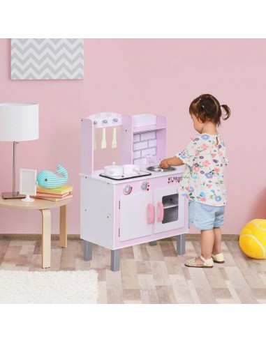 Homcom Kids Wooden Kitchen Play Set with Sounds, Utensils, Pans Storage, Accessories, Pink