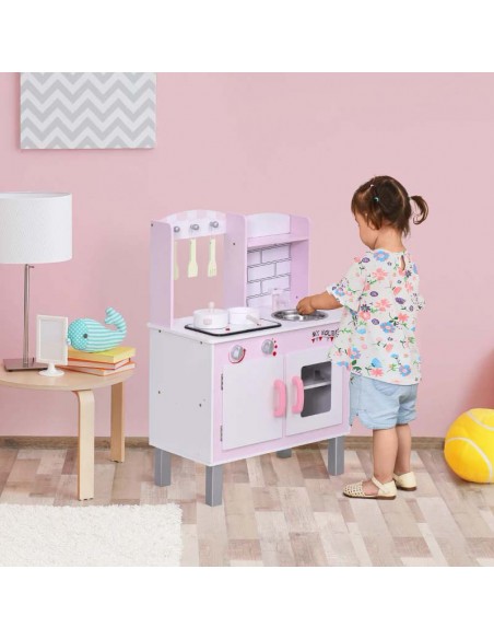 Homcom Kids Wooden Kitchen Play Set with Sounds, Utensils, Pans Storage, Accessories, Pink - pic 5724 | FastDaddyshop