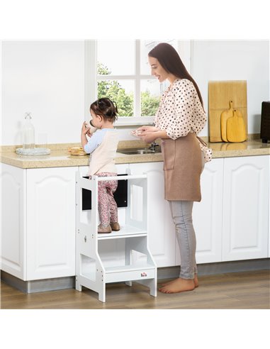 HOMCOM 2-in-1 Kids Step Stool, Toddler Table and Chair Set, with Safety Rail Chalkboard Kitchen Helper Standing Tower, White 312