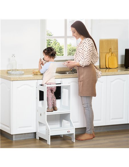 HOMCOM 2-in-1 Kids Step Stool, Toddler Table and Chair Set, with Safety Rail Chalkboard Kitchen Helper Standing Tower, White 312 - pic 57240 | FastDaddyshop