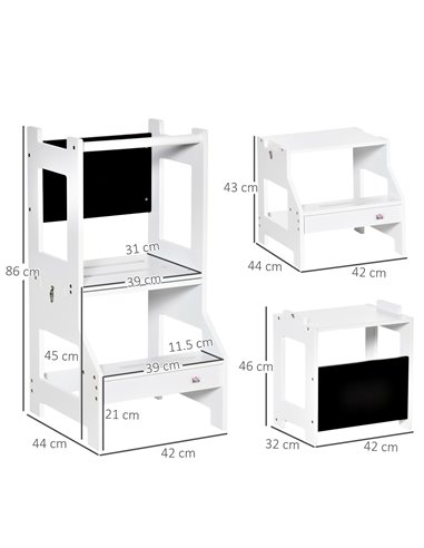 HOMCOM 2-in-1 Kids Step Stool, Toddler Table and Chair Set, with Safety Rail Chalkboard Kitchen Helper Standing Tower, White 312