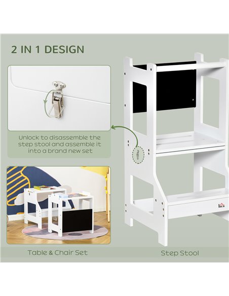 HOMCOM 2-in-1 Kids Step Stool, Toddler Table and Chair Set, with Safety Rail Chalkboard Kitchen Helper Standing Tower, White 312 - pic 57242 | FastDaddyshop