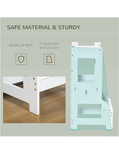 HOMCOM 2-in-1 Kids Step Stool, Toddler Table and Chair Set, with Safety Rail Chalkboard Kitchen Helper Standing Tower, White 312