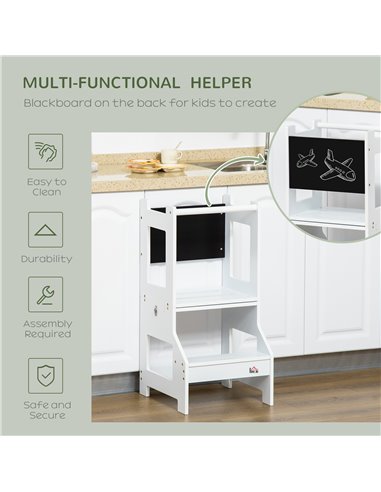 HOMCOM 2-in-1 Kids Step Stool, Toddler Table and Chair Set, with Safety Rail Chalkboard Kitchen Helper Standing Tower, White 312