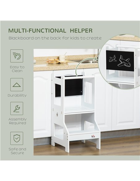 HOMCOM 2-in-1 Kids Step Stool, Toddler Table and Chair Set, with Safety Rail Chalkboard Kitchen Helper Standing Tower, White 312 - pic 57244 | FastDaddyshop