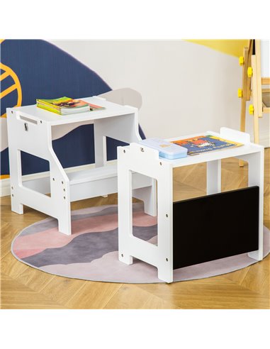HOMCOM 2-in-1 Kids Step Stool, Toddler Table and Chair Set, with Safety Rail Chalkboard Kitchen Helper Standing Tower, White 312