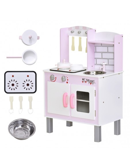 Homcom Kids Wooden Kitchen Play Set with Sounds, Utensils, Pans Storage, Accessories, Pink - pic 5725 | FastDaddyshop