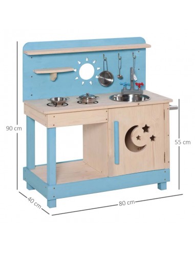 Outsunny Kids Wooden Kitchen Playset with Pots and Pans, Storage Shelf Cabinet, Side Hanger