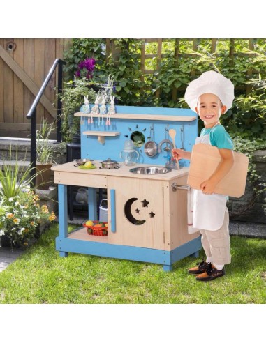 Outsunny Kids Wooden Kitchen Playset with Pots and Pans, Storage Shelf Cabinet, Side Hanger