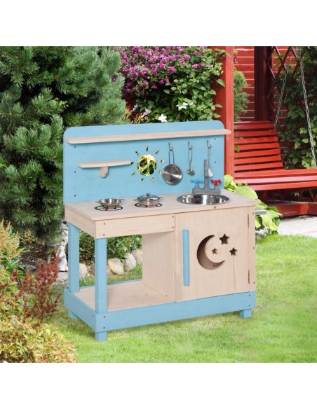 Outsunny Kids Wooden Kitchen Playset with Pots and Pans, Storage Shelf Cabinet, Side Hanger - pic 5730 | FastDaddyshop
