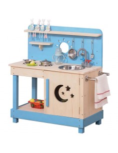 Outsunny Kids Wooden Kitchen Playset with Pots and Pans, Storage Shelf Cabinet, Side Hanger
